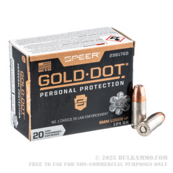200 Rounds of 9mm +P Ammo by Speer Gold Dot - 124gr JHP