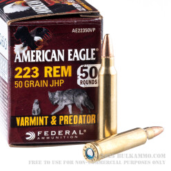 250 Rounds of .223 Ammo by Federal American Eagle Varmint & Predator - 50gr JHP