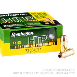 20 Rounds of .380 ACP Ammo by Remington HTP - 88gr JHP