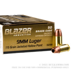500 Rounds of 9mm Ammo by Blazer Brass - 115gr JHP