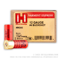 100 Rounds of 12ga Ammo by Hornady Varmint Express - #4 Buck