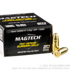 20 Rounds of +P 9mm Ammo by Magtech Guardian Gold - 115gr JHP