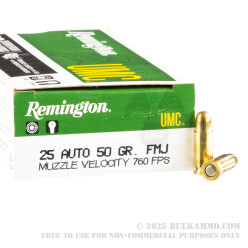 50 Rounds of .25 ACP Ammo by Remington UMC - 50gr FMJ