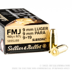 50 Rounds of 9mm Ammo by Sellier & Bellot Subsonic - 150gr FMJ