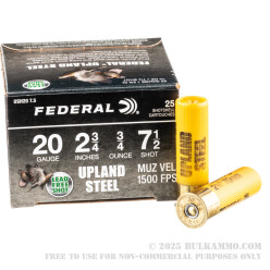 250 Rounds of 20ga Ammo by Federal Upland Steel - 3/4 ounce #7.5 shot