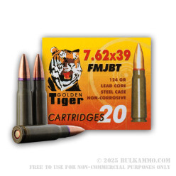 20 Rounds of 7.62x39mm Ammo by Golden Tiger - 124gr FMJBT