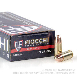 1000 Rounds of 9mm Ammo by Fiocchi - 124gr CMJ
