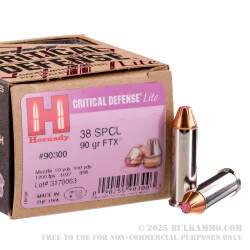 25 Rounds of .38 Spl Ammo by Hornady - Critical Defense Lite - 90gr FTX