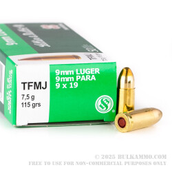 50 Rounds of 9mm Ammo by Sellier & Bellot Non-Toxic - 115gr TMJ