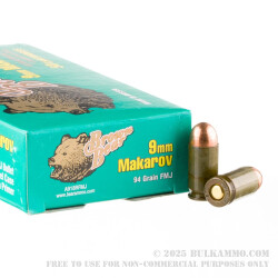 50 Rounds of 9x18mm Makarov Ammo by Brown Bear - 94gr FMJ