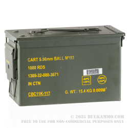1000 Rounds of 5.56x45 Ammo by Magtech/CBC in Ammo Can - 55 gr FMJ **Surplus Ammo - Manufactured early 2000's**