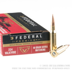 200 Rounds of .224 Valkyrie Ammo by Federal - 90gr Gold Medal Sierra MatchKing HPBT
