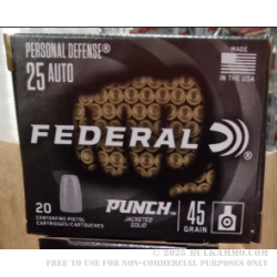 20 Rounds of .25 ACP Ammo by Federal Punch - 45gr Jacketed Solid