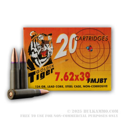 20 Rounds of 7.62x39mm Ammo by Golden Tiger - 124gr FMJBT