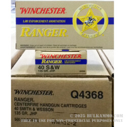 500  Rounds of .40 S&W Ammo by Winchester Ranger - 135gr JHP